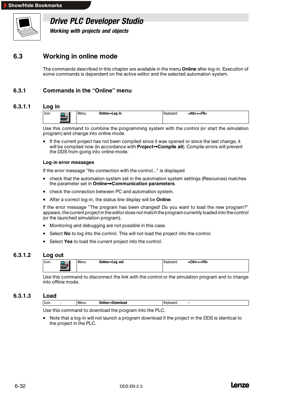 3 working in online mode, 1 commands in the "online" menu, Commands in the “online” menu | Drive plc developer studio | Lenze DDS v2.3 User Manual | Page 110 / 340