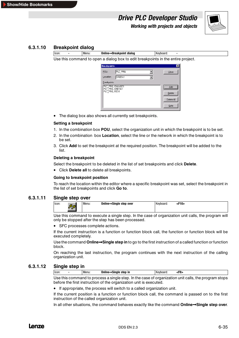 Drive plc developer studio, Working with projects and objects, 10 breakpoint dialog | 11 single step over, 12 single step in | Lenze DDS v2.3 User Manual | Page 113 / 340