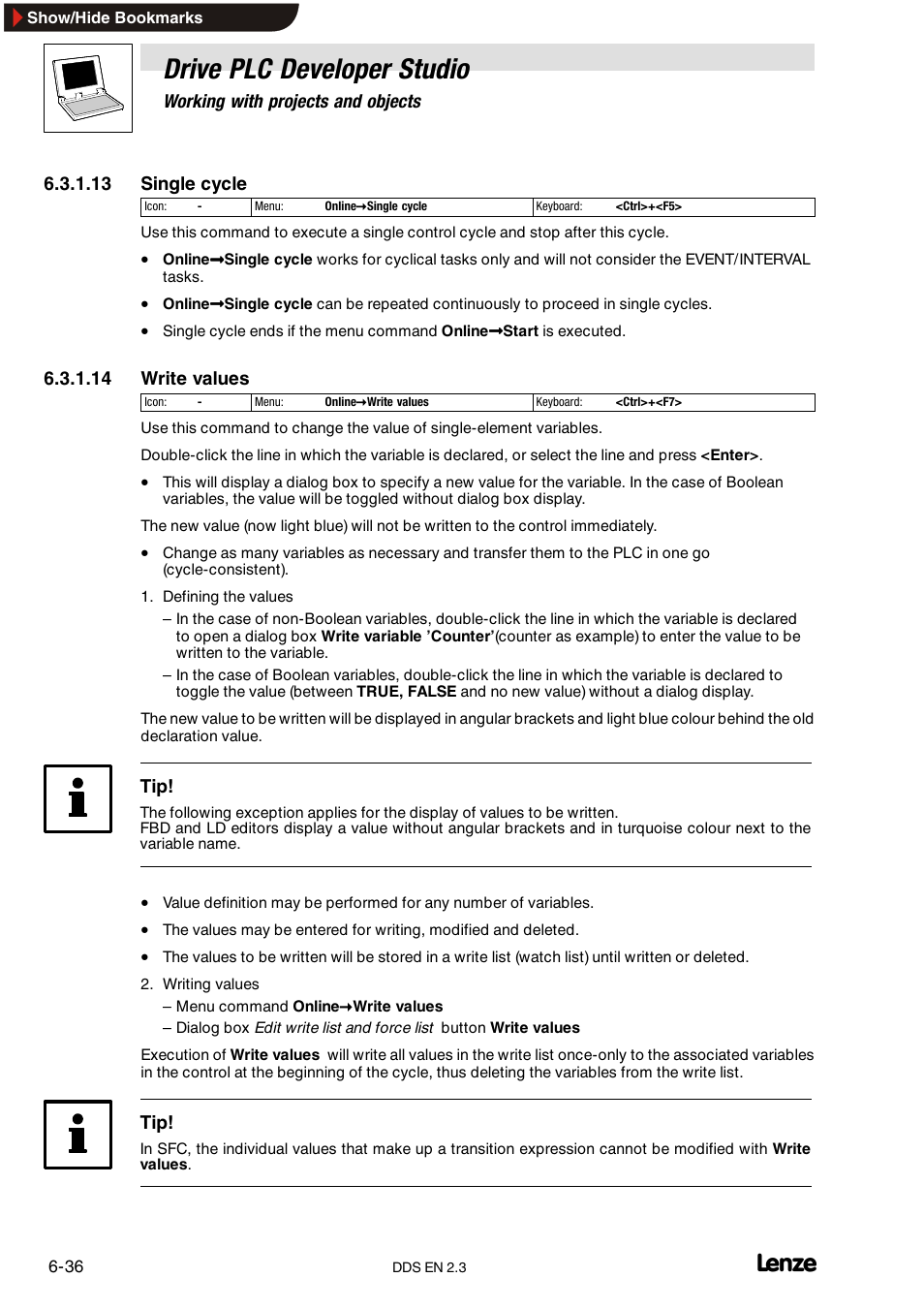 Drive plc developer studio, Working with projects and objects, 13 single cycle | 14 write values | Lenze DDS v2.3 User Manual | Page 114 / 340