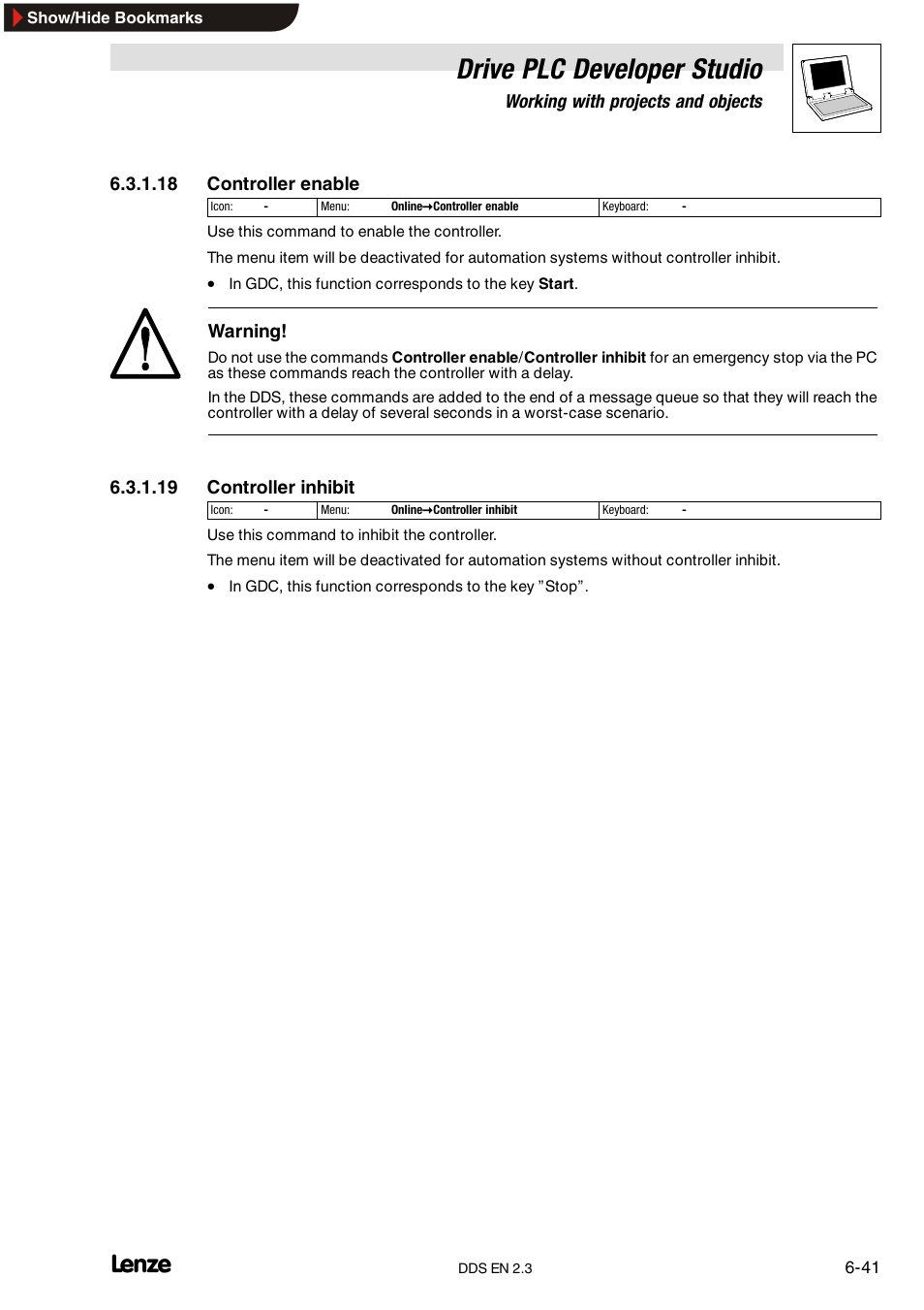 Drive plc developer studio, Working with projects and objects, 18 controller enable | Warning, 19 controller inhibit | Lenze DDS v2.3 User Manual | Page 119 / 340