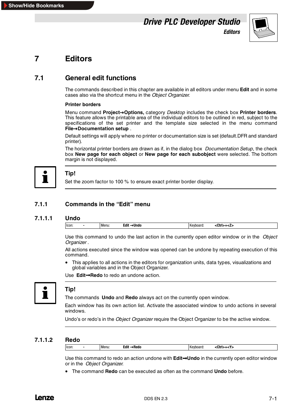 7 editors, 1 general edit functions, 1 commands in the "edit" menu | Commands in the “edit” menu, Drive plc developer studio, 7editors | Lenze DDS v2.3 User Manual | Page 123 / 340