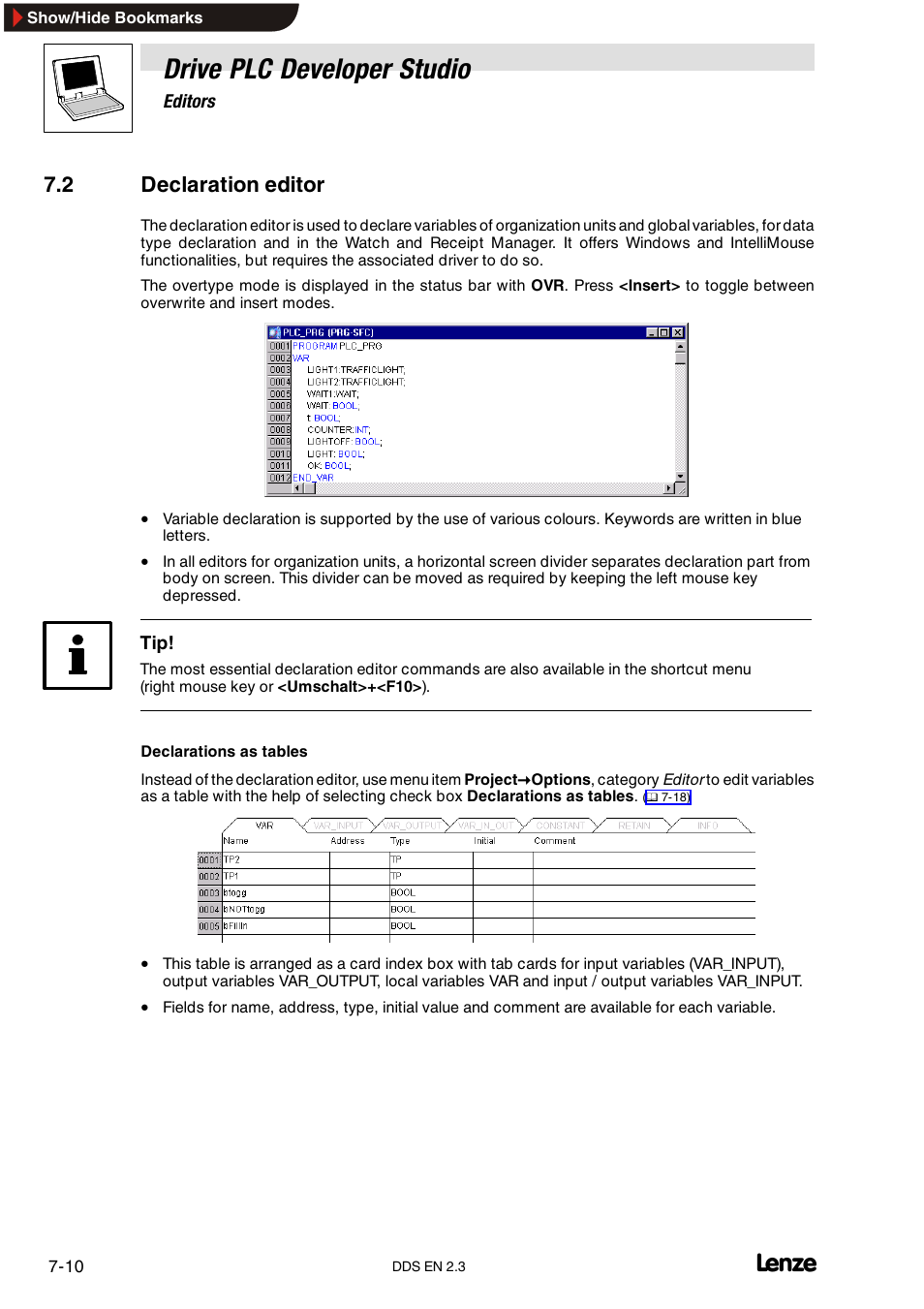 2 declaration editor, Drive plc developer studio | Lenze DDS v2.3 User Manual | Page 132 / 340