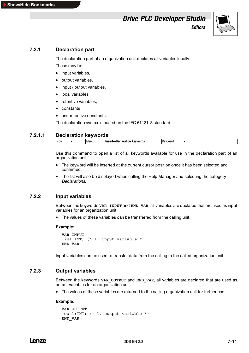 1 declaration part, 2 input variables, 3 output variables | Declaration part, Input variables, Output variables, Drive plc developer studio | Lenze DDS v2.3 User Manual | Page 133 / 340
