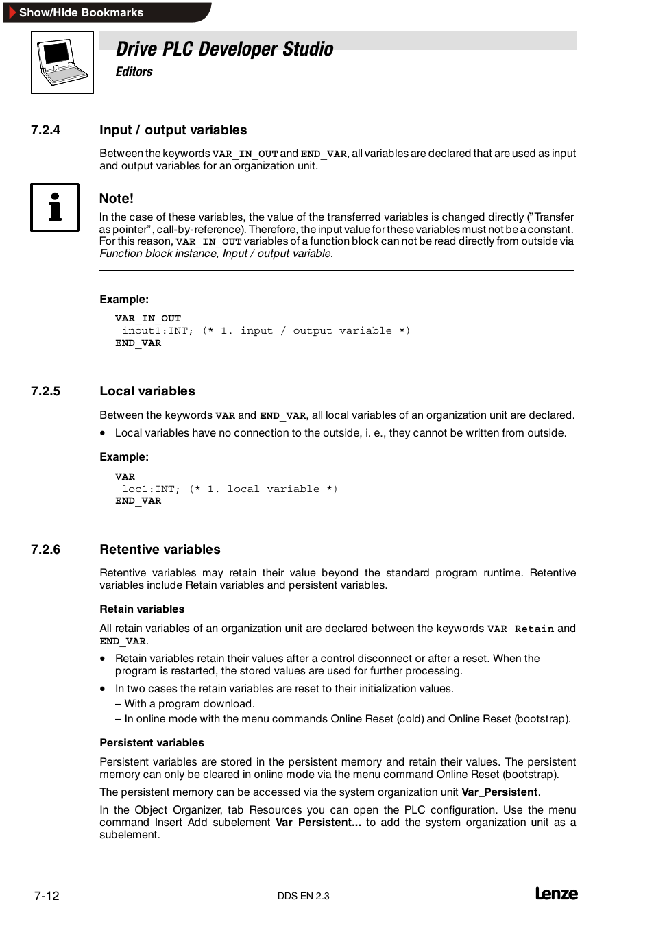 4 input / output variables, 5 local variables, 6 retentive variables | Input / output variables, Local variables, Retentive variables, Drive plc developer studio | Lenze DDS v2.3 User Manual | Page 134 / 340