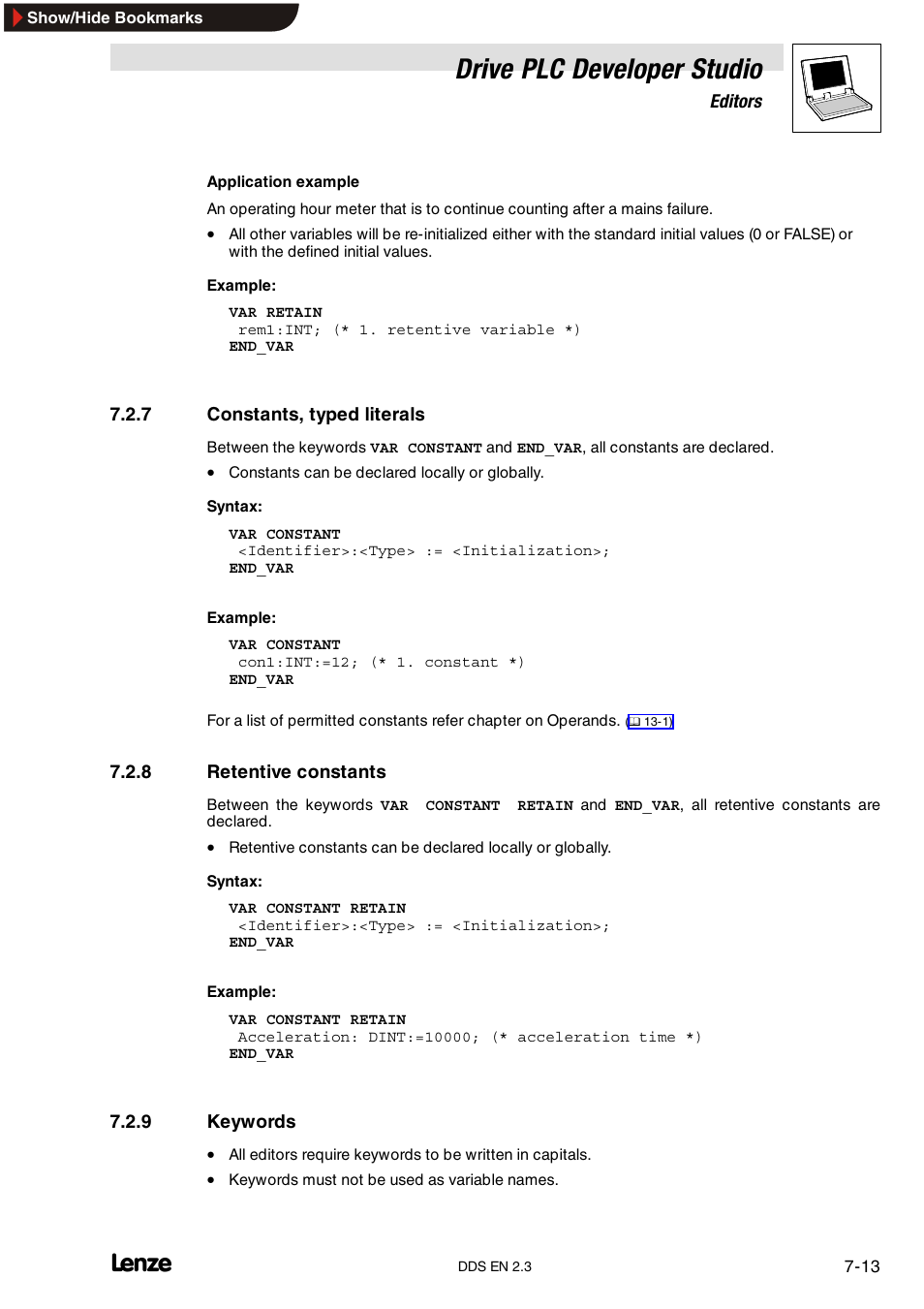 7 constants, typed literals, 8 retentive constants, 9 keywords | Constants, typed literals, Retentive constants, Keywords, Drive plc developer studio | Lenze DDS v2.3 User Manual | Page 135 / 340