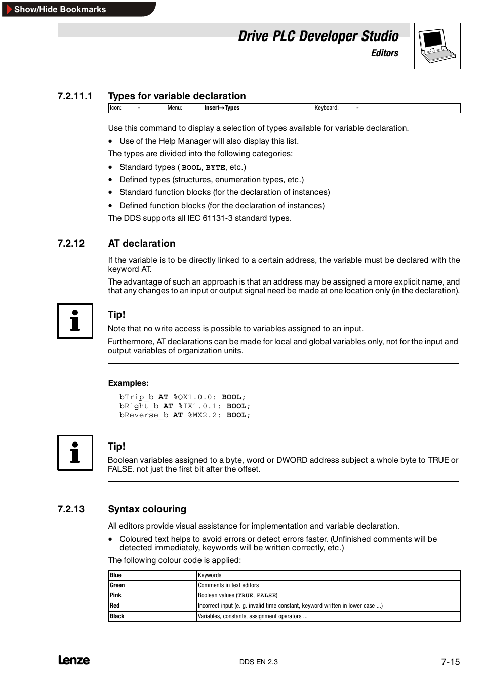 12 at declaration, 13 syntax colouring, At declaration | Syntax colouring, Drive plc developer studio | Lenze DDS v2.3 User Manual | Page 137 / 340