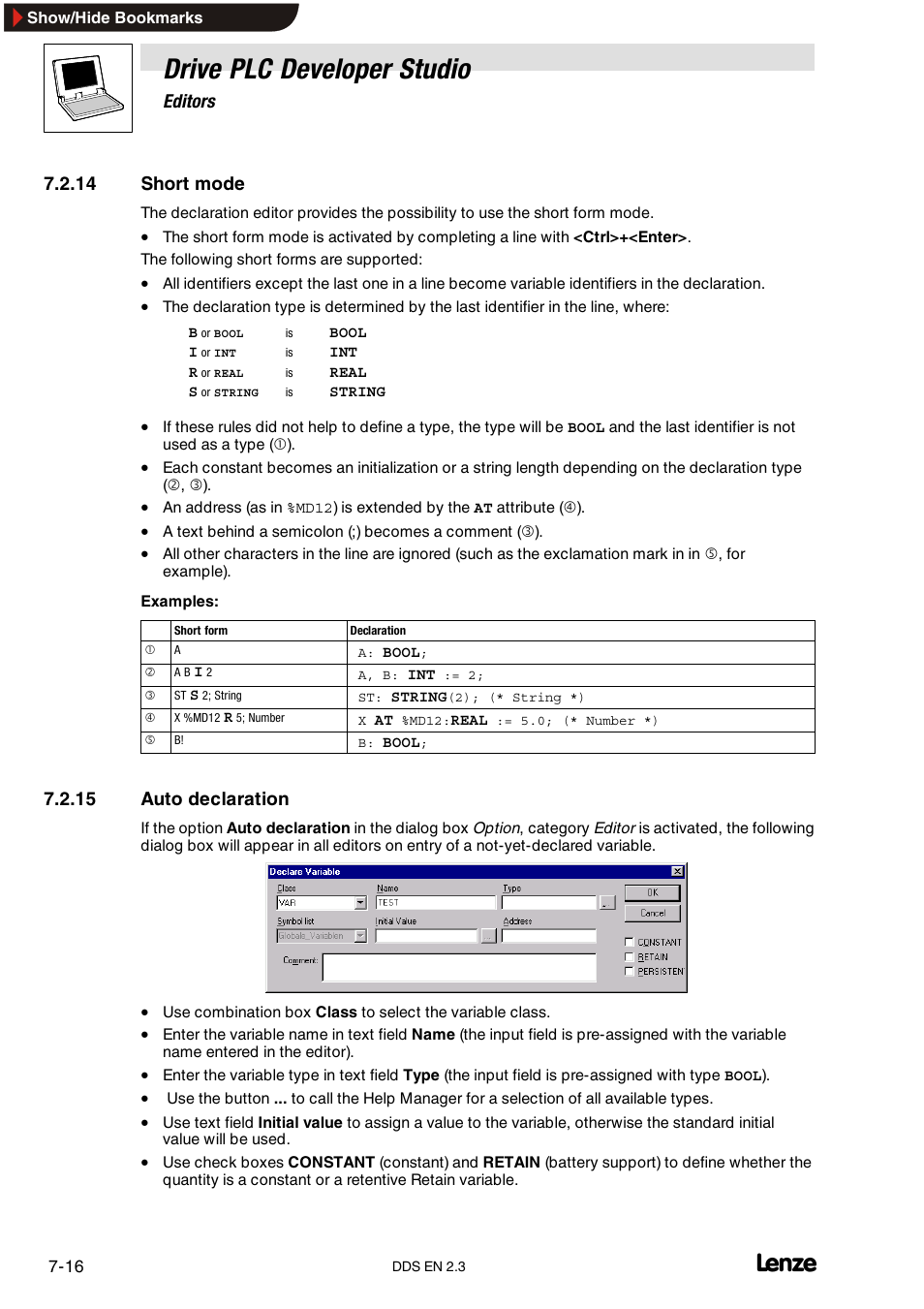 14 short mode, 15 auto declaration, Short mode | Auto declaration, Drive plc developer studio, Editors | Lenze DDS v2.3 User Manual | Page 138 / 340