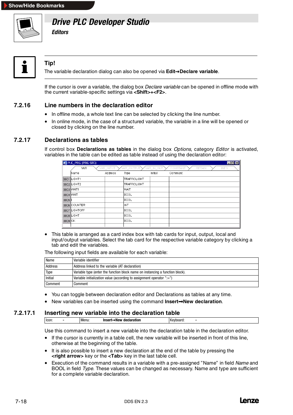 16 line numbers in the declaration editor, 17 declarations as tables, Line numbers in the declaration editor | Declarations as tables, Drive plc developer studio | Lenze DDS v2.3 User Manual | Page 140 / 340