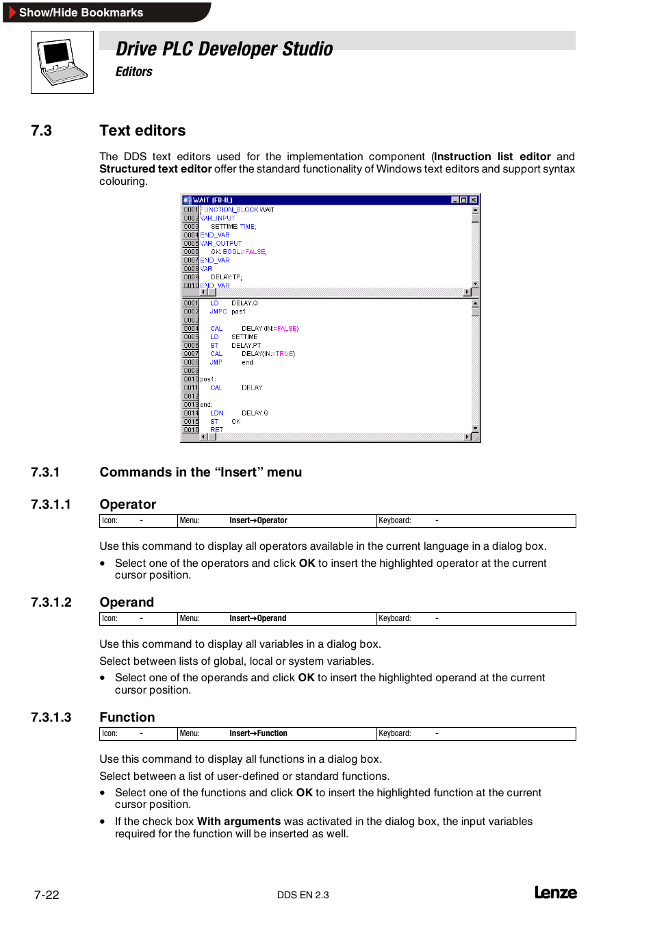 3 text editors, 1 commands in the "insert" menu, Commands in the “insert” menu | Drive plc developer studio | Lenze DDS v2.3 User Manual | Page 144 / 340