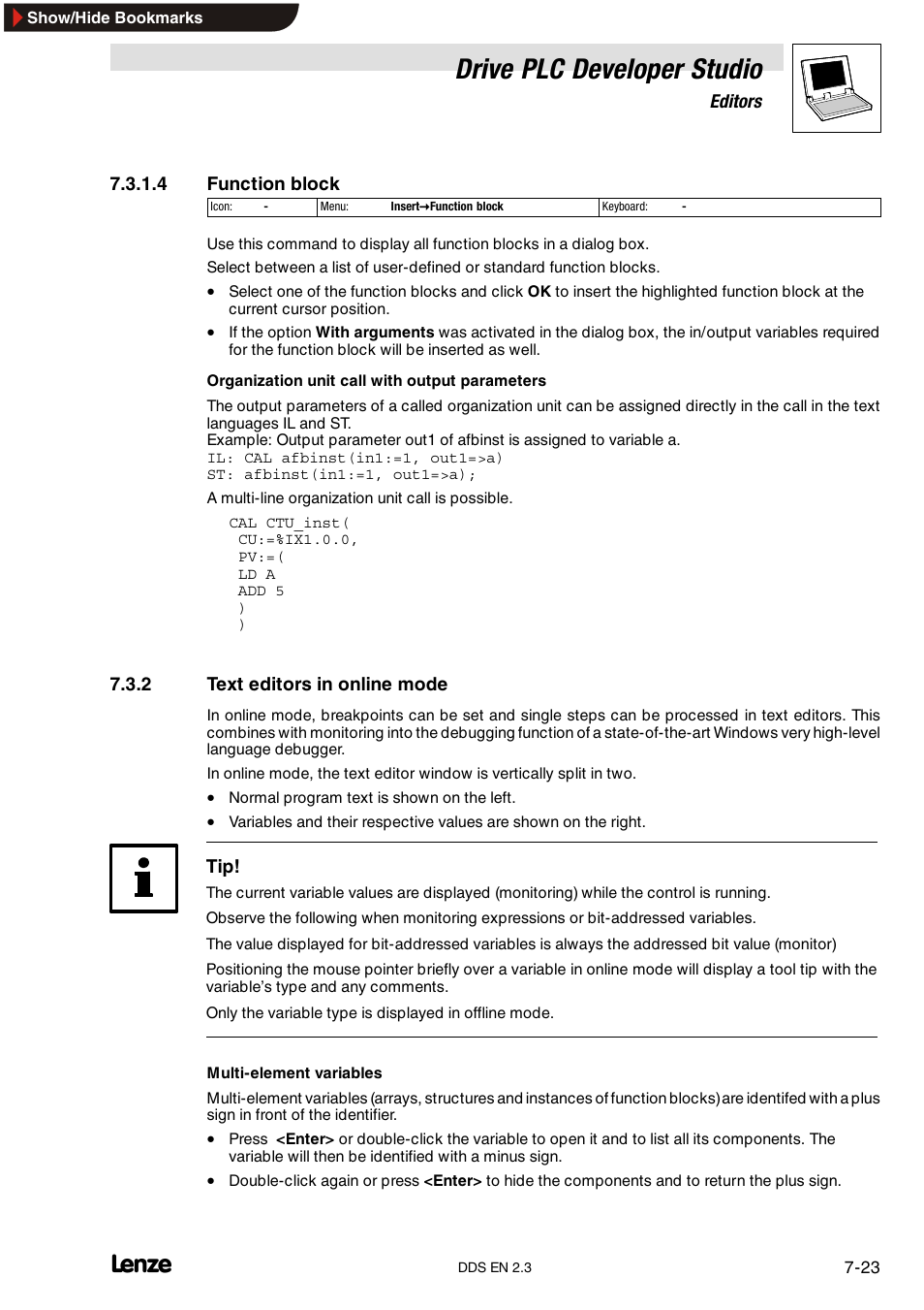 2 text editors in online mode, Text editors in online mode, Drive plc developer studio | Lenze DDS v2.3 User Manual | Page 145 / 340
