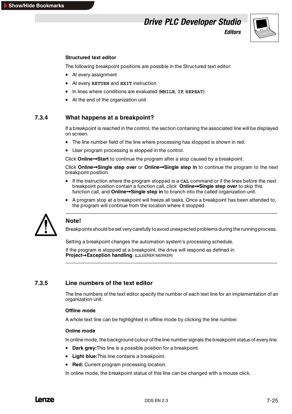 4 what happens at a breakpoint, 5 line numbers of the text editor, What happens at a breakpoint | Line numbers of the text editor, Drive plc developer studio | Lenze DDS v2.3 User Manual | Page 147 / 340