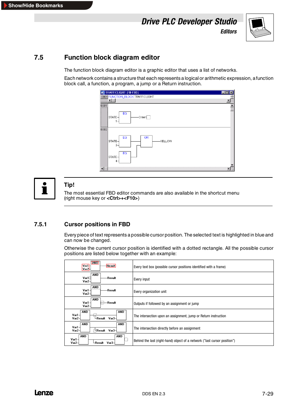 5 function block diagram editor, 1 cursor positions in fbd, Cursor positions in fbd | Drive plc developer studio | Lenze DDS v2.3 User Manual | Page 151 / 340