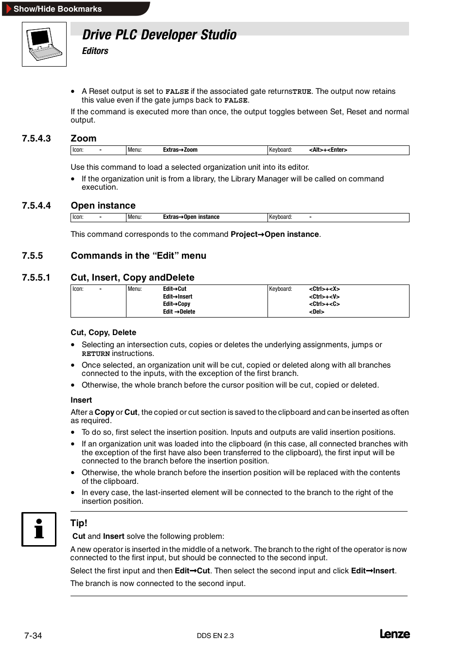 5 commands in the "edit" menu, Commands in the “edit” menu, Drive plc developer studio | Lenze DDS v2.3 User Manual | Page 156 / 340
