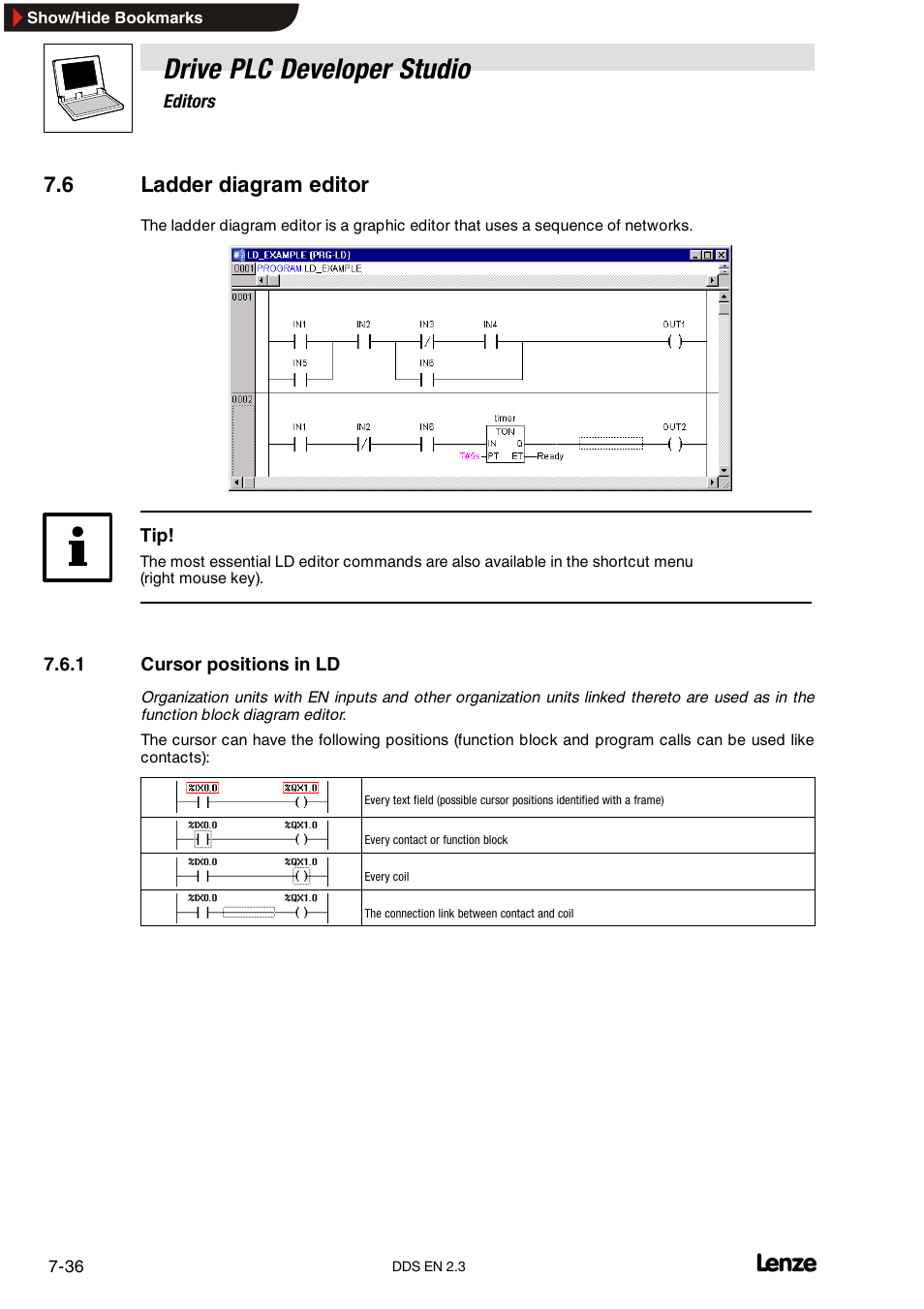 6 ladder diagram editor, 1 cursor positions in ld, Cursor positions in ld | Drive plc developer studio | Lenze DDS v2.3 User Manual | Page 158 / 340