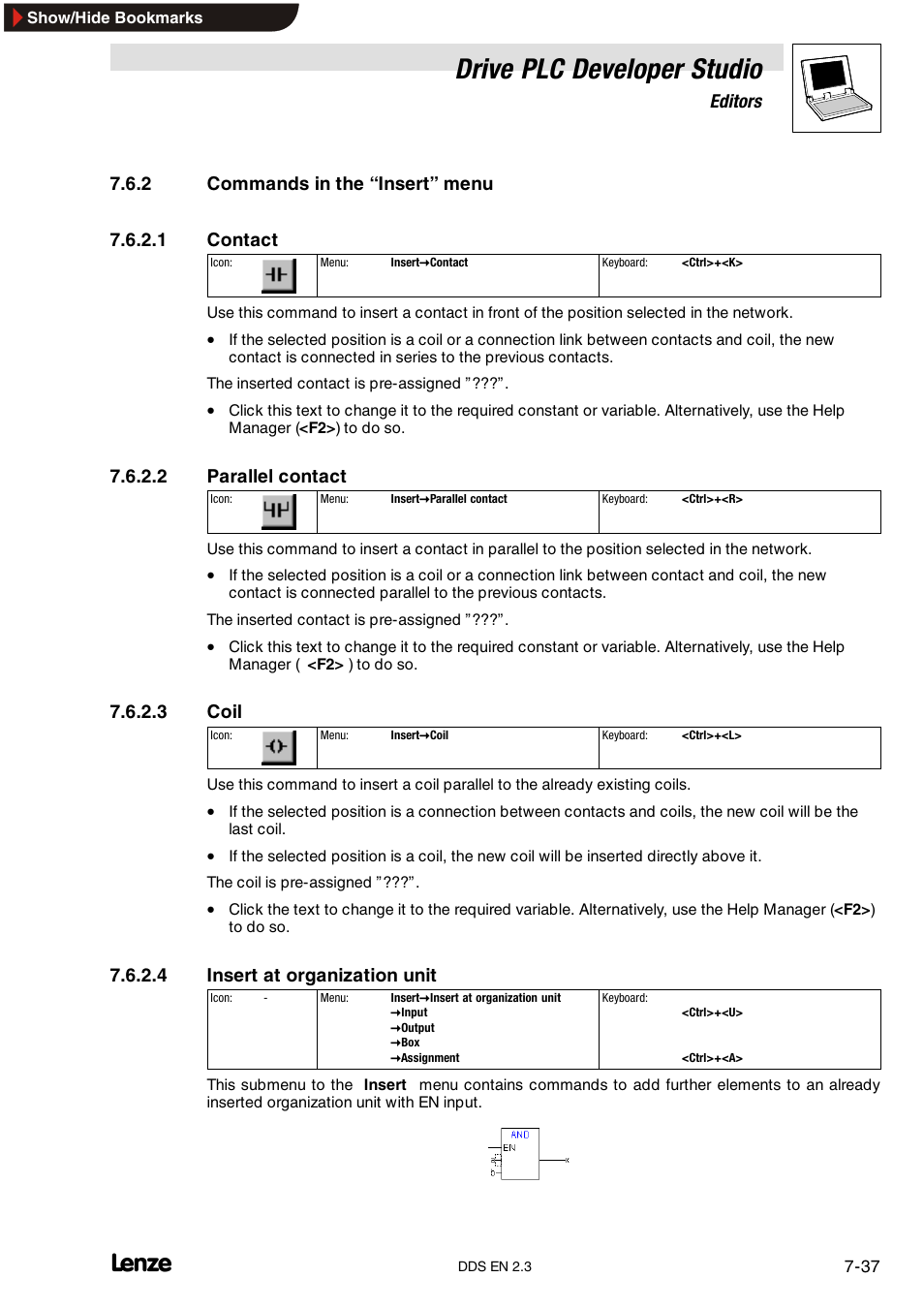 2 commands in the "insert "menu, Commands in the “insert” menu, Drive plc developer studio | Editors, 2 parallel contact, 3 coil, 4 insert at organization unit | Lenze DDS v2.3 User Manual | Page 159 / 340