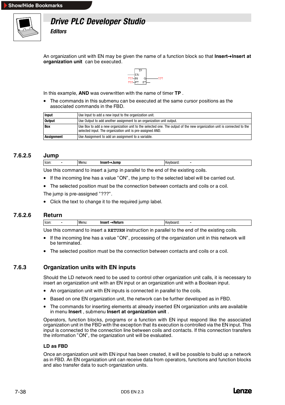 3 organization units with en inputs, Organization units with en inputs, Drive plc developer studio | Editors, 5 jump, 6 return | Lenze DDS v2.3 User Manual | Page 160 / 340