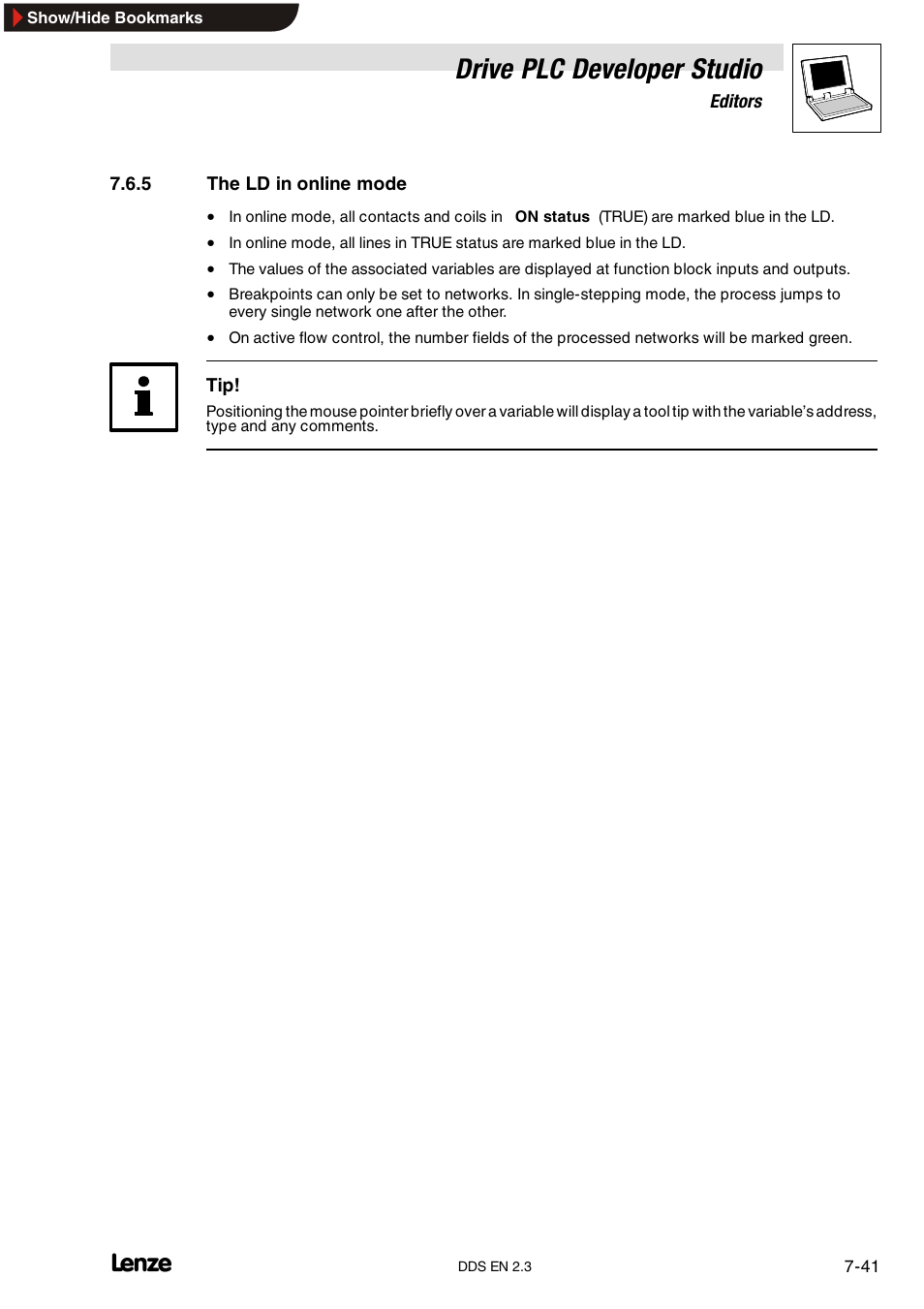 5 the ld in online mode, The ld in online mode, Drive plc developer studio | Lenze DDS v2.3 User Manual | Page 163 / 340