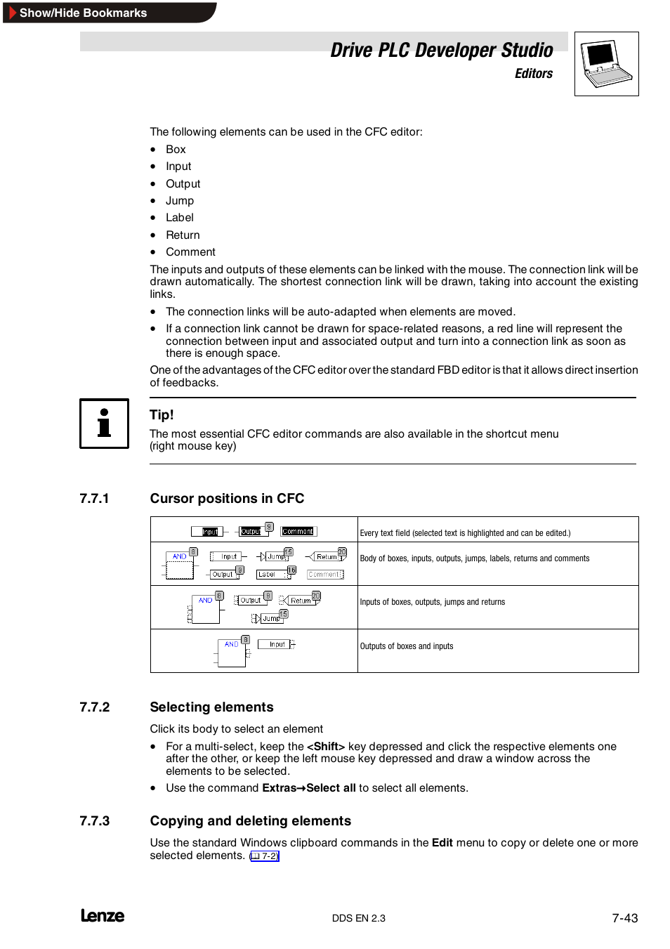 1 cursor positions in cfc, 2 selecting elements, 3 copying and deleting elements | Cursor positions in cfc, Selecting elements, Copying and deleting elements, Drive plc developer studio | Lenze DDS v2.3 User Manual | Page 165 / 340
