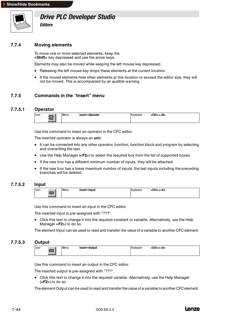 4 moving elements, 5 commands in the "insert" menu, Moving elements | Commands in the “insert” menu, Drive plc developer studio | Lenze DDS v2.3 User Manual | Page 166 / 340