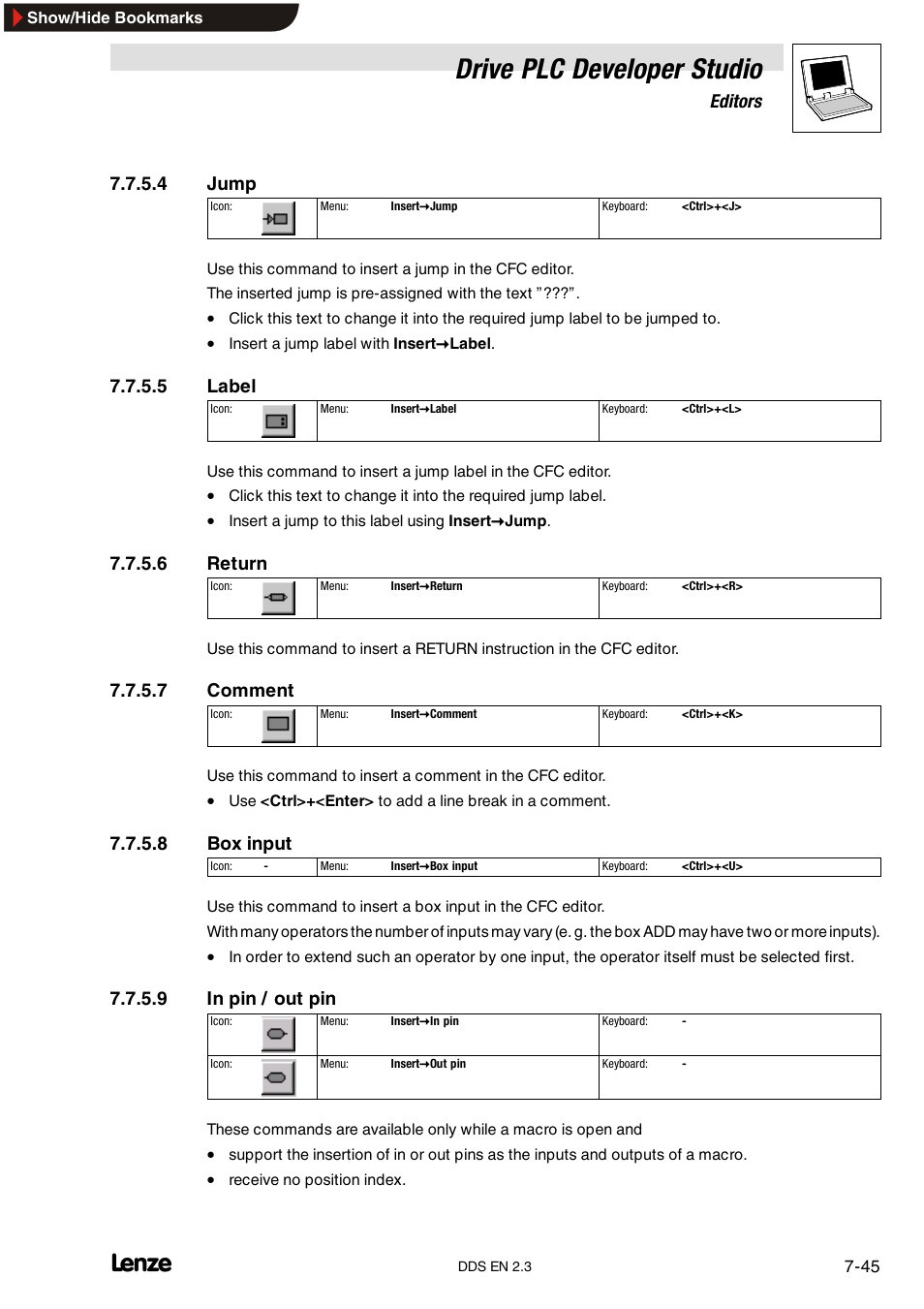 Drive plc developer studio, Editors, 4 jump | 5 label, 6 return, 7 comment, 8 box input, 9 in pin / out pin | Lenze DDS v2.3 User Manual | Page 167 / 340