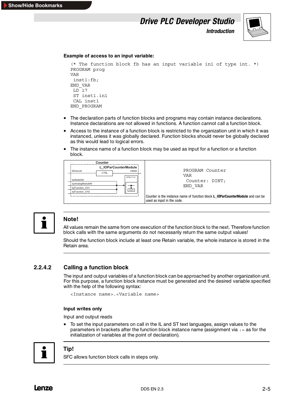 Drive plc developer studio, Introduction, 2 calling a function block | Lenze DDS v2.3 User Manual | Page 17 / 340