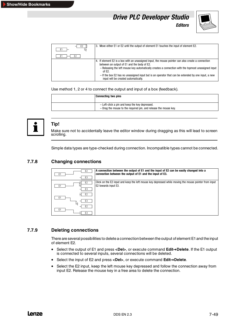 8 changing connections, 9 deleting connections, Changing connections | Deleting connections, Drive plc developer studio | Lenze DDS v2.3 User Manual | Page 171 / 340