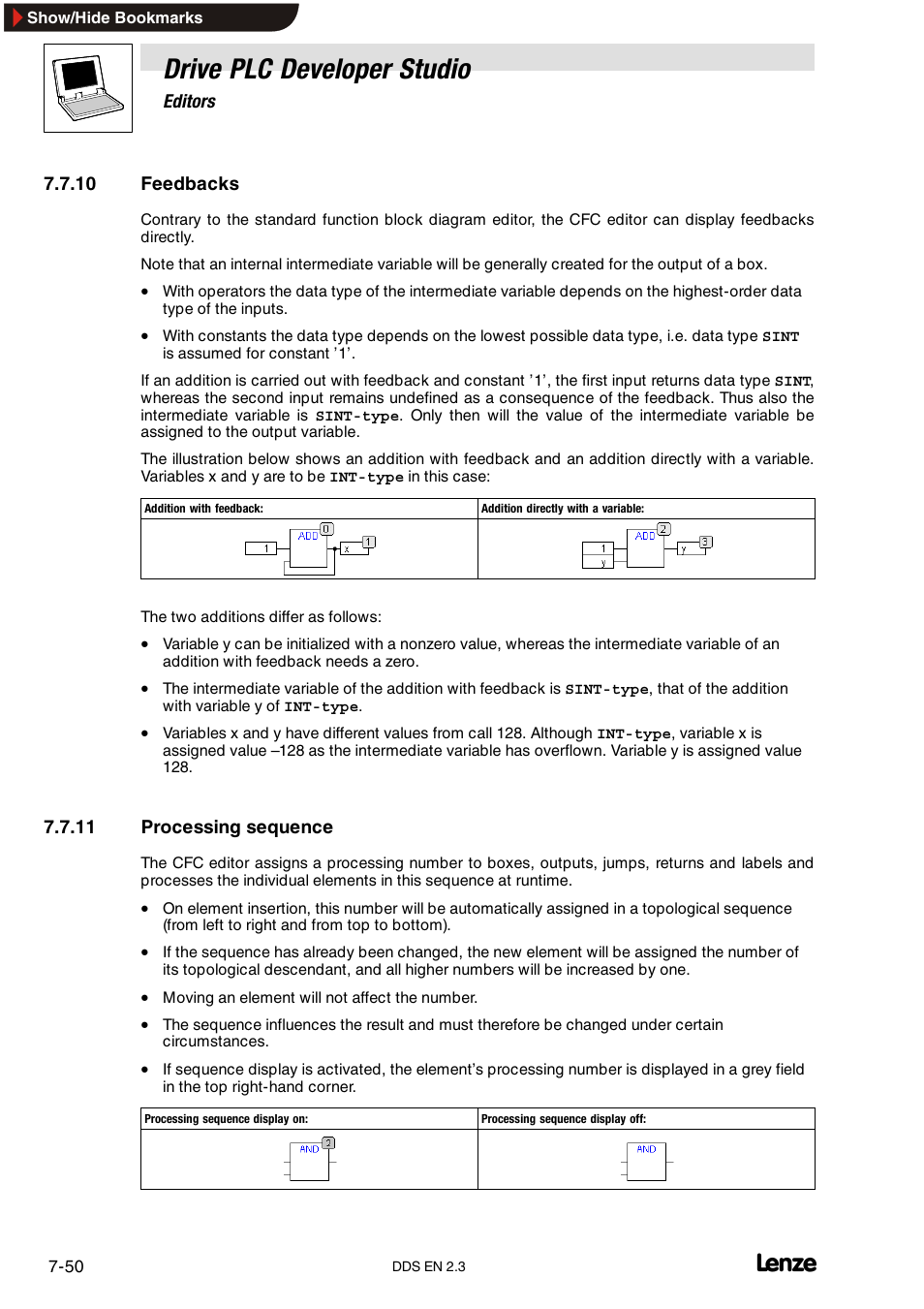 10 feedbacks, 11 processing sequence, Feedbacks | Processing sequence, Drive plc developer studio | Lenze DDS v2.3 User Manual | Page 172 / 340