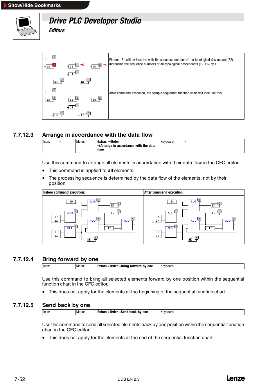 Drive plc developer studio, Editors, 3 arrange in accordance with the data flow | 4 bring forward by one, 5 send back by one | Lenze DDS v2.3 User Manual | Page 174 / 340