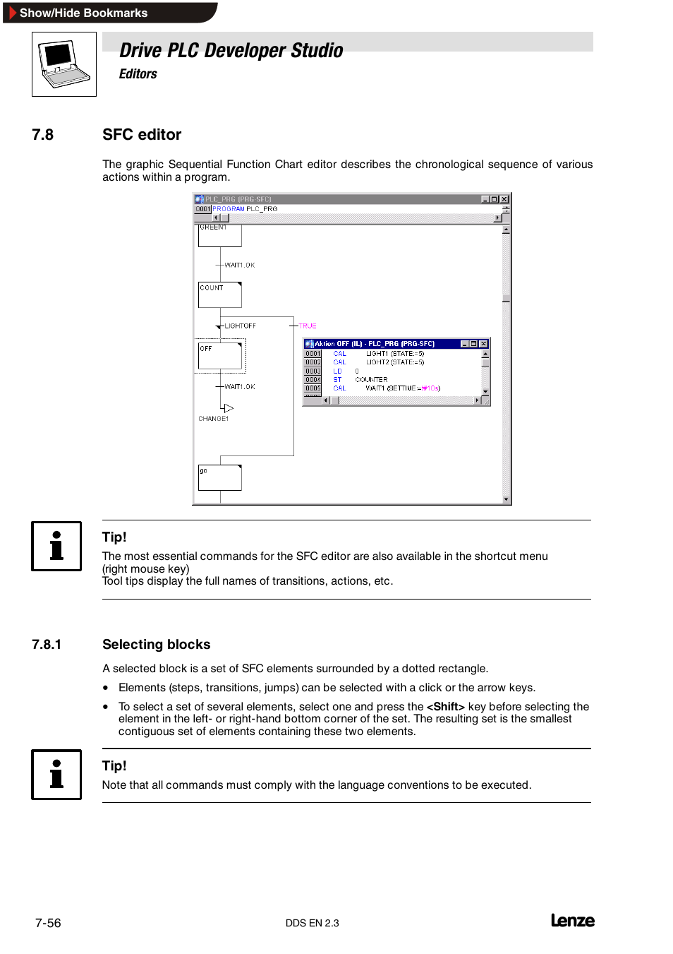 8 sfc editor, 1 selecting blocks, Selecting blocks | Drive plc developer studio | Lenze DDS v2.3 User Manual | Page 178 / 340