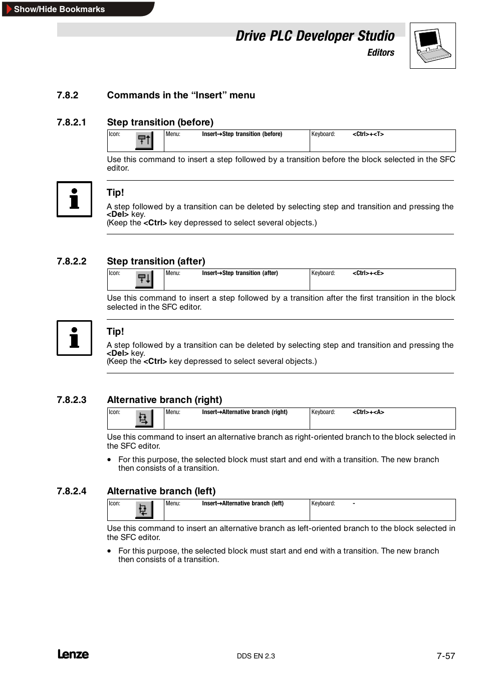 2 commands in the "insert" menu, Commands in the “insert” menu, Drive plc developer studio | Lenze DDS v2.3 User Manual | Page 179 / 340