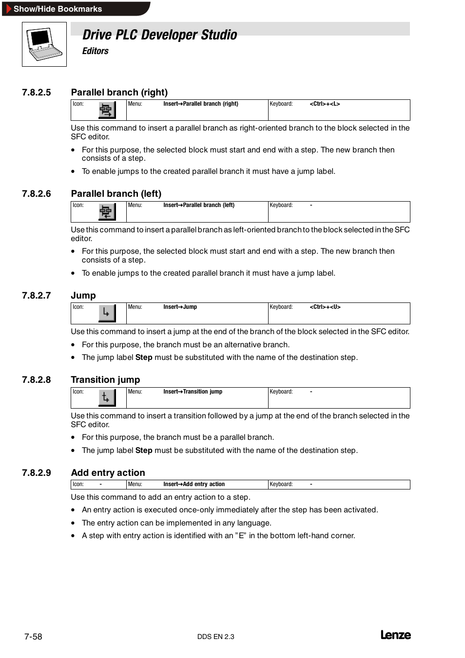 Drive plc developer studio, Editors, 5 parallel branch (right) | 6 parallel branch (left), 7 jump, 8 transition jump, 9 add entry action | Lenze DDS v2.3 User Manual | Page 180 / 340