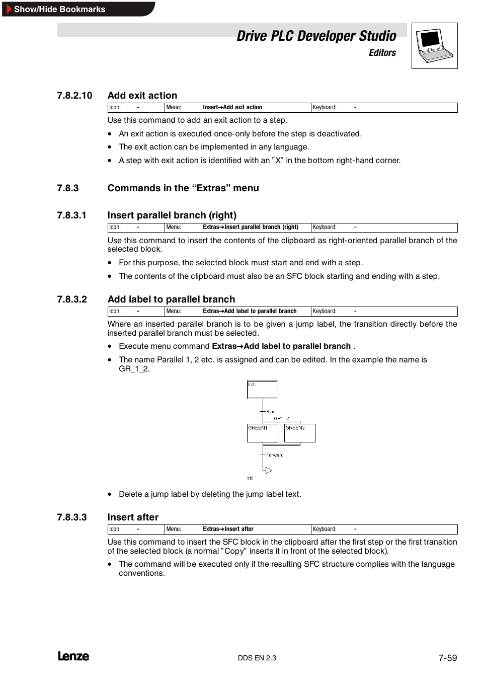 3 commands in the "extras" menu, Commands in the “extras” menu, Drive plc developer studio | Editors, 10 add exit action, 2 add label to parallel branch, 3 insert after | Lenze DDS v2.3 User Manual | Page 181 / 340