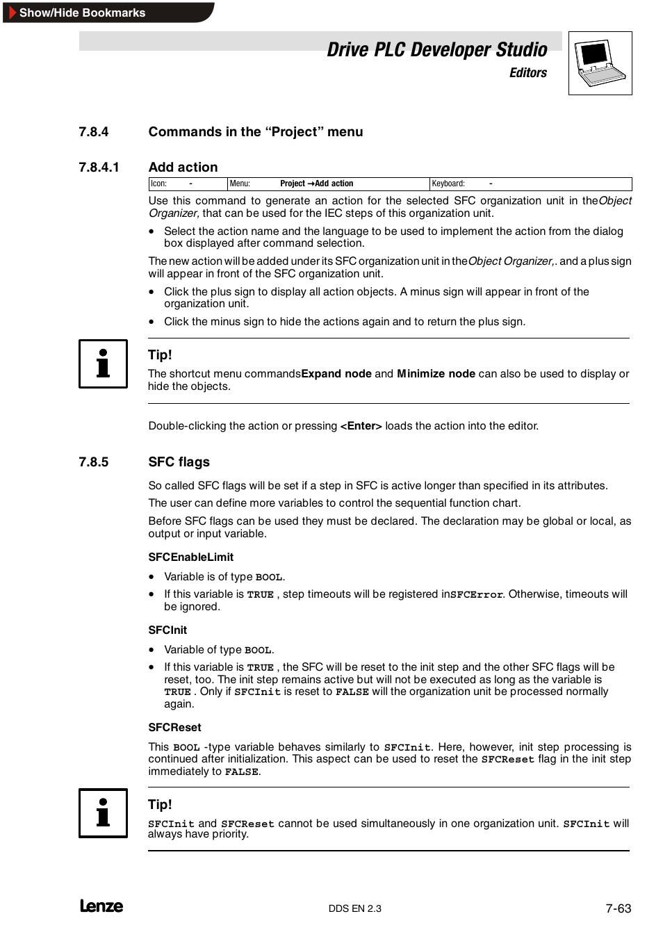 4 commands in the "project" menu, 5 sfc flags, Commands in the “project” menu | Sfc flags, Drive plc developer studio | Lenze DDS v2.3 User Manual | Page 185 / 340