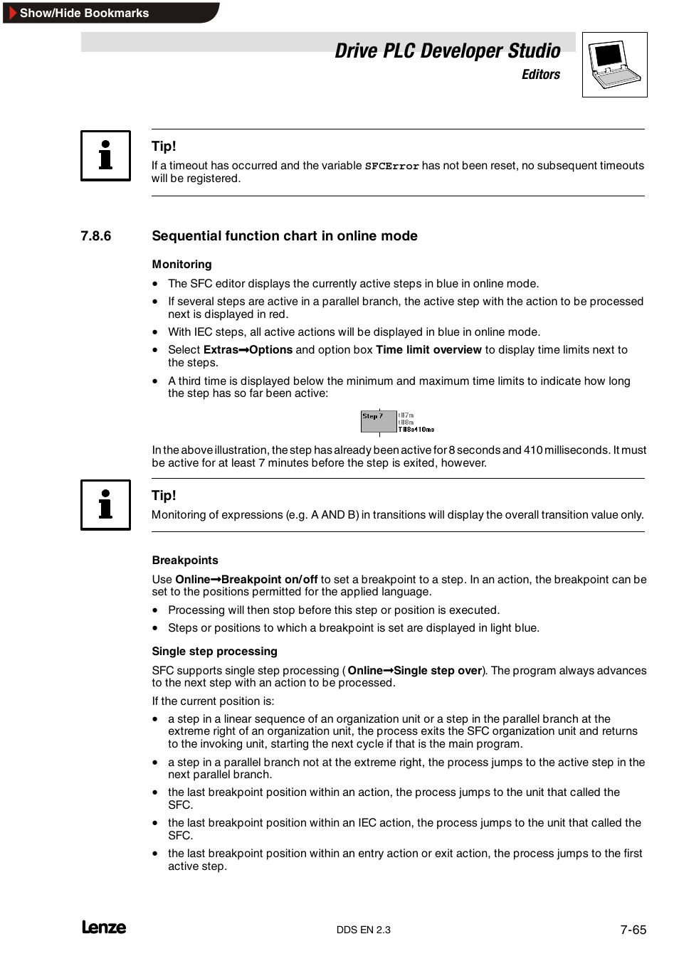 6 sequential function chart in online mode, Sequential function chart in online mode, Drive plc developer studio | Lenze DDS v2.3 User Manual | Page 187 / 340