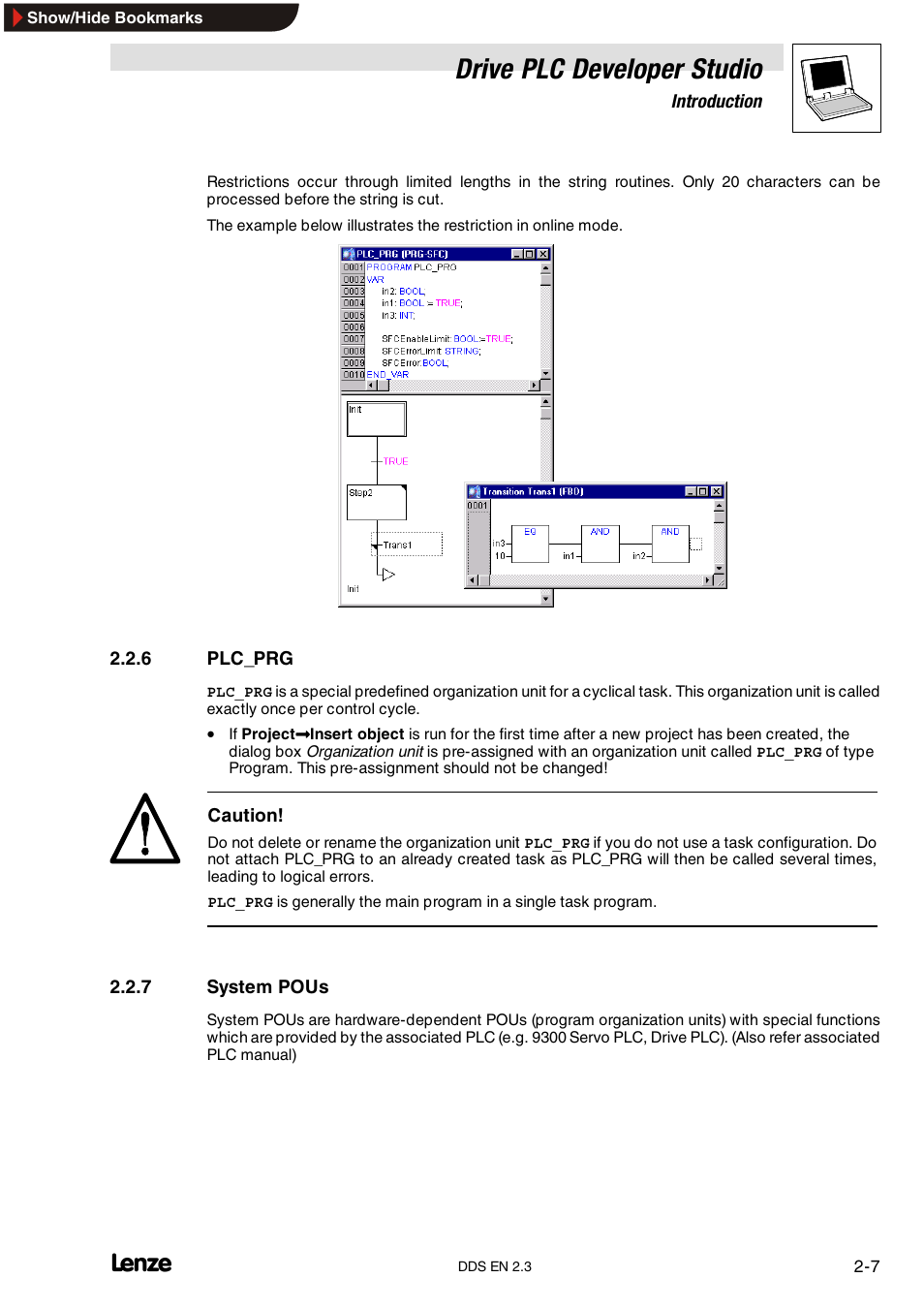 6 plc_prg, 7 system pous, Plc_prg | System pous, Drive plc developer studio | Lenze DDS v2.3 User Manual | Page 19 / 340