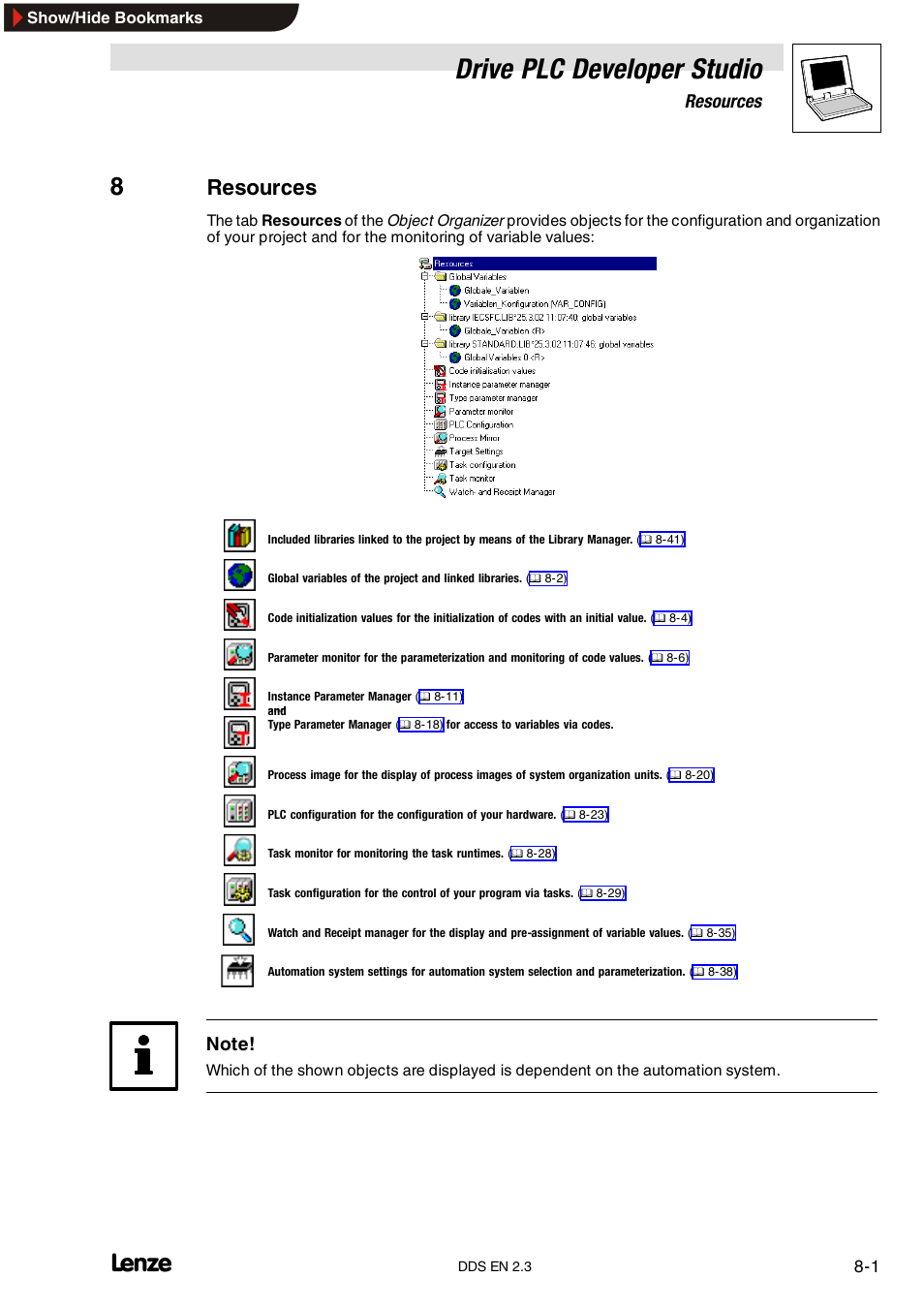 8 resources, Drive plc developer studio, Resources | Lenze DDS v2.3 User Manual | Page 191 / 340