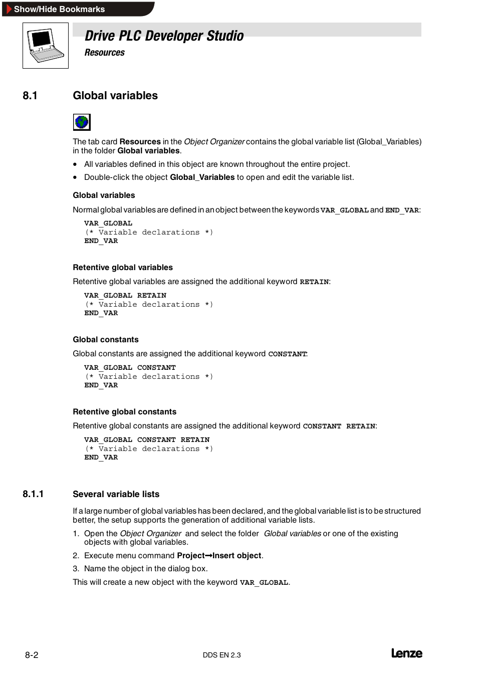 1 global variables, 1 several variable lists, Several variable lists | Drive plc developer studio | Lenze DDS v2.3 User Manual | Page 192 / 340