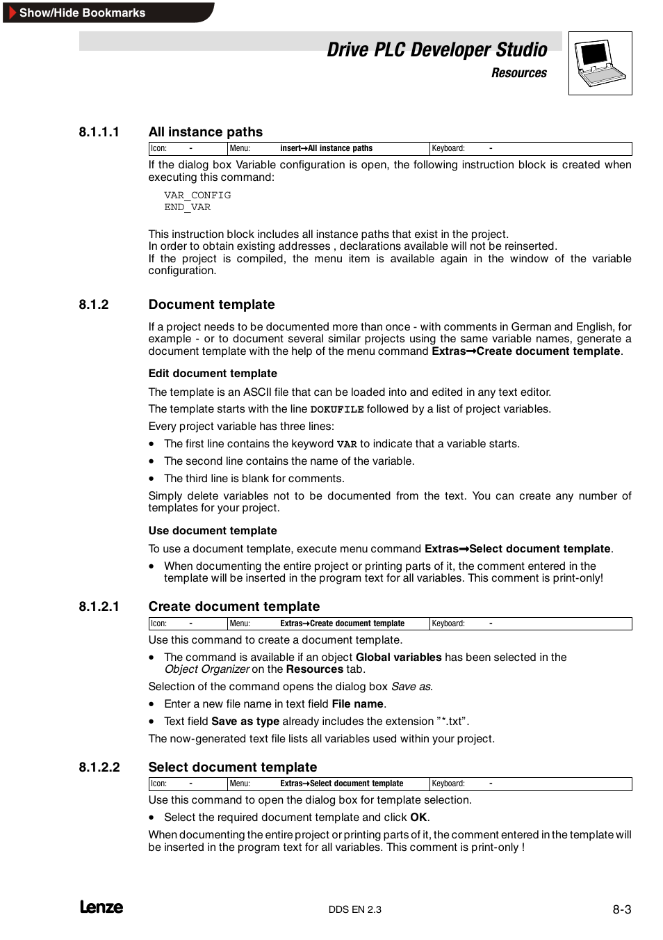 2 document template, Document template, Drive plc developer studio | Lenze DDS v2.3 User Manual | Page 193 / 340