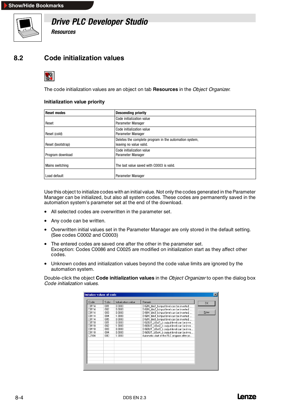 2 code initialization values, Drive plc developer studio | Lenze DDS v2.3 User Manual | Page 194 / 340