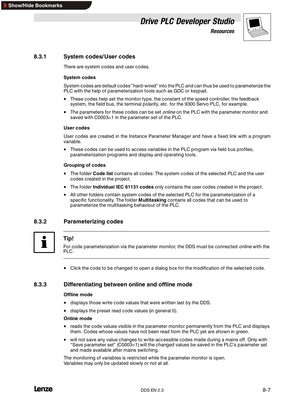 1 system codes/user codes, 2 parameterizing codes, 3 differentiating between online and offline mode | System codes/user codes, Parameterizing codes, Differentiating between online and offline mode, Drive plc developer studio | Lenze DDS v2.3 User Manual | Page 197 / 340