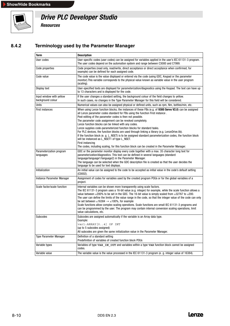 2 terminology used by the parameter manager, Terminology used by the parameter manager, Drive plc developer studio | Resources | Lenze DDS v2.3 User Manual | Page 200 / 340