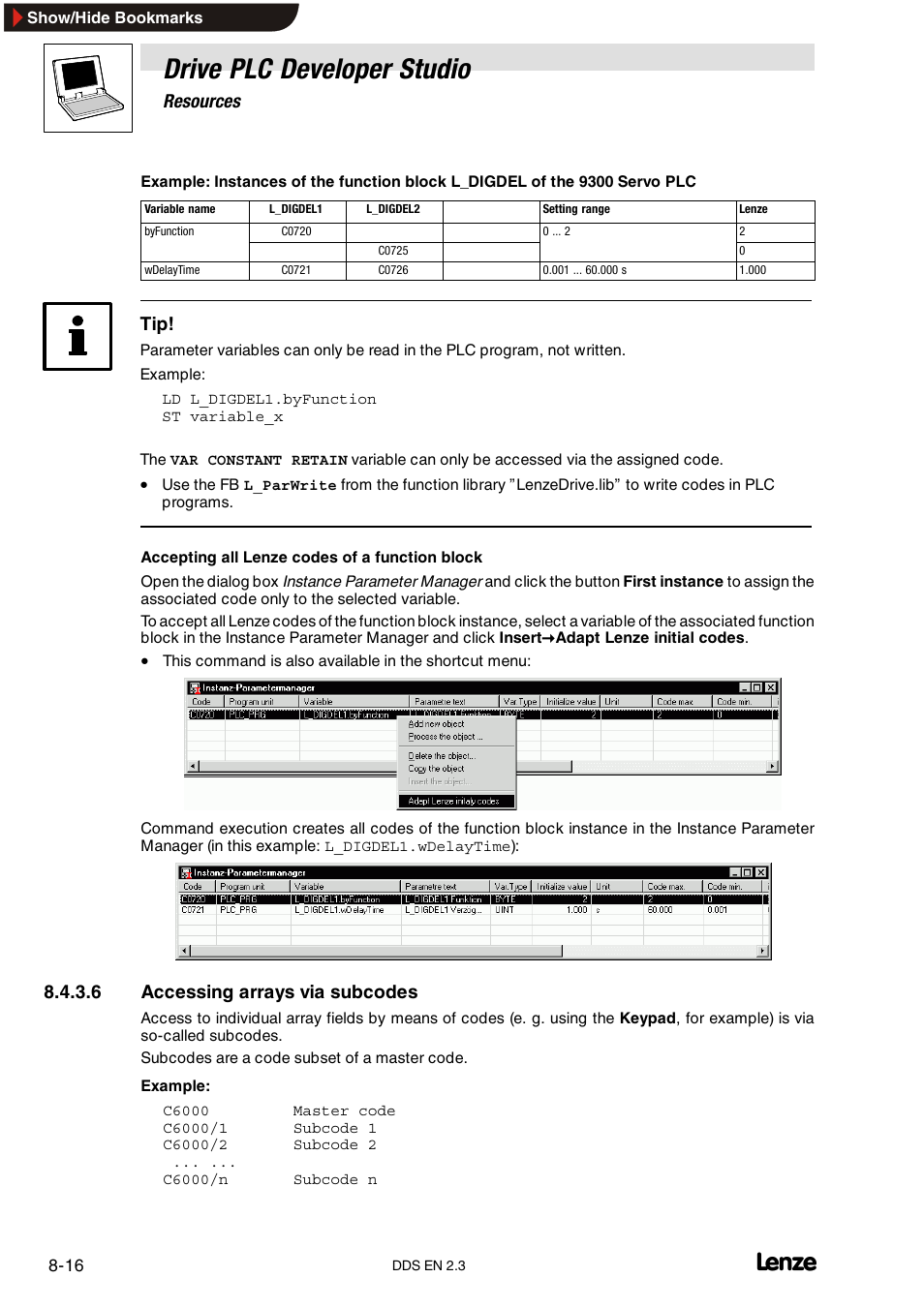 Drive plc developer studio, Resources, 6 accessing arrays via subcodes | Lenze DDS v2.3 User Manual | Page 206 / 340
