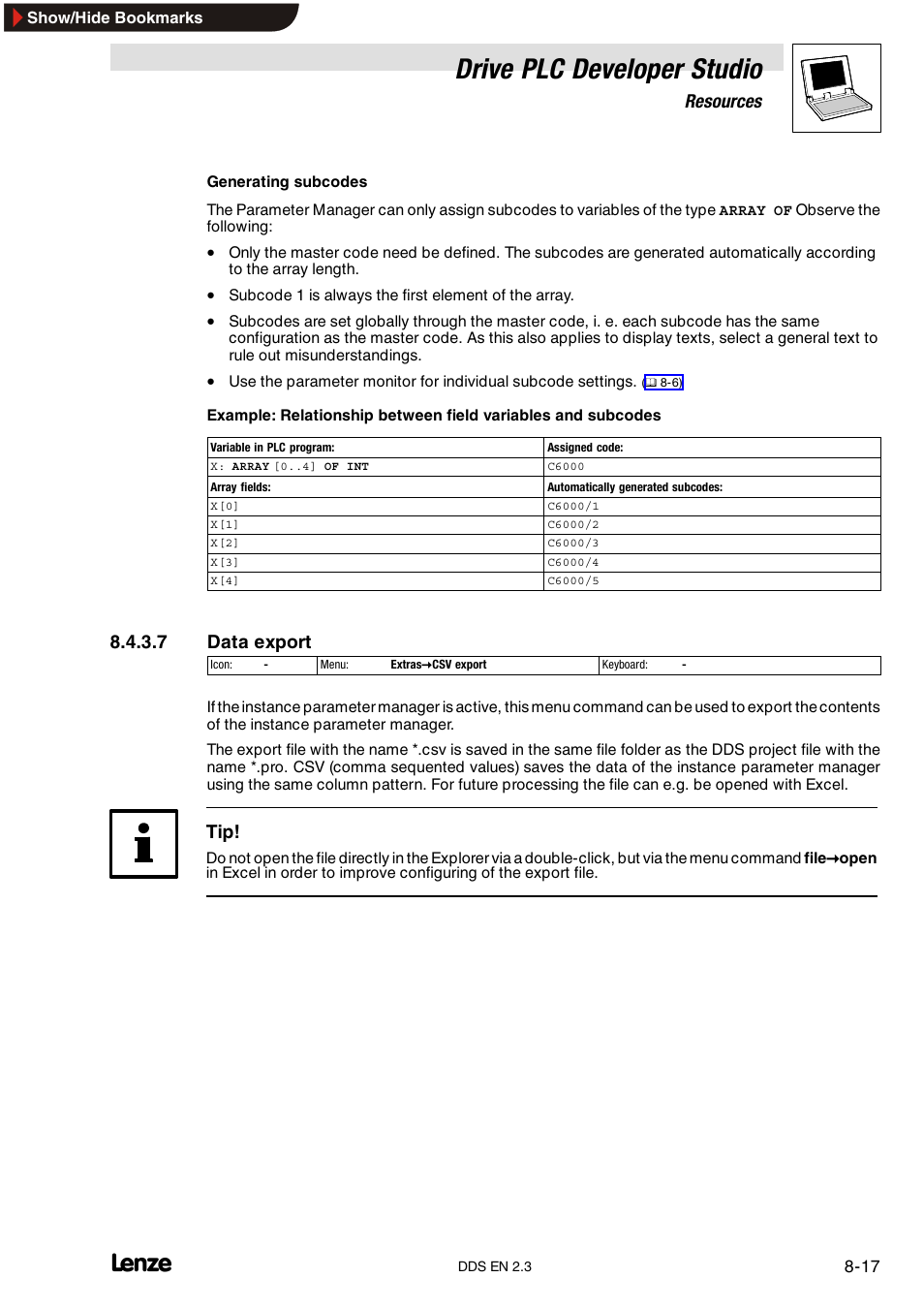 Type parameter manager, Drive plc developer studio, Resources | 7 data export | Lenze DDS v2.3 User Manual | Page 207 / 340