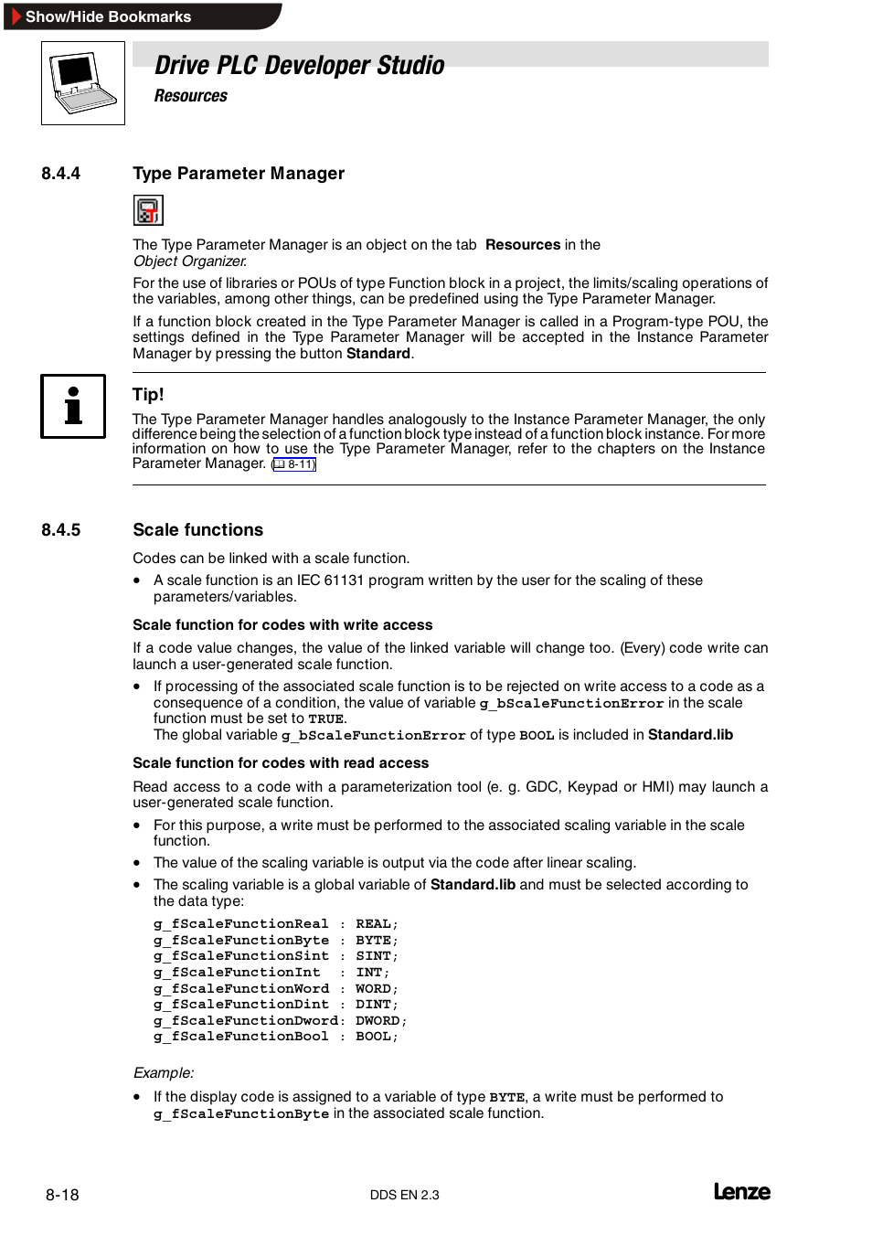 4 type parameter manager, 5 scale functions, Scale functions | Drive plc developer studio | Lenze DDS v2.3 User Manual | Page 208 / 340