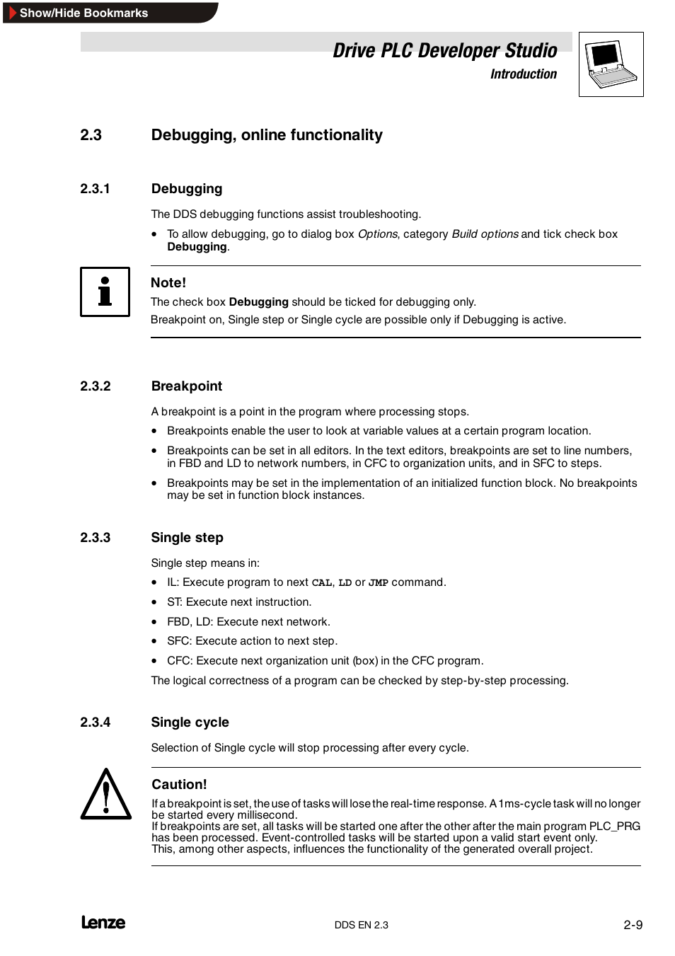 3 debugging, online functionality, 1 debugging, 2 breakpoint | 3 single step, 4 single cycle, Debugging, Breakpoint, Single step, Single cycle, Drive plc developer studio | Lenze DDS v2.3 User Manual | Page 21 / 340