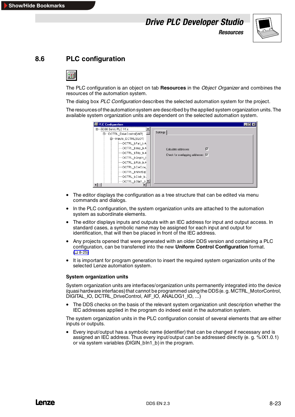 6 plc configuration, Working in the plc configuration, Drive plc developer studio | Lenze DDS v2.3 User Manual | Page 213 / 340
