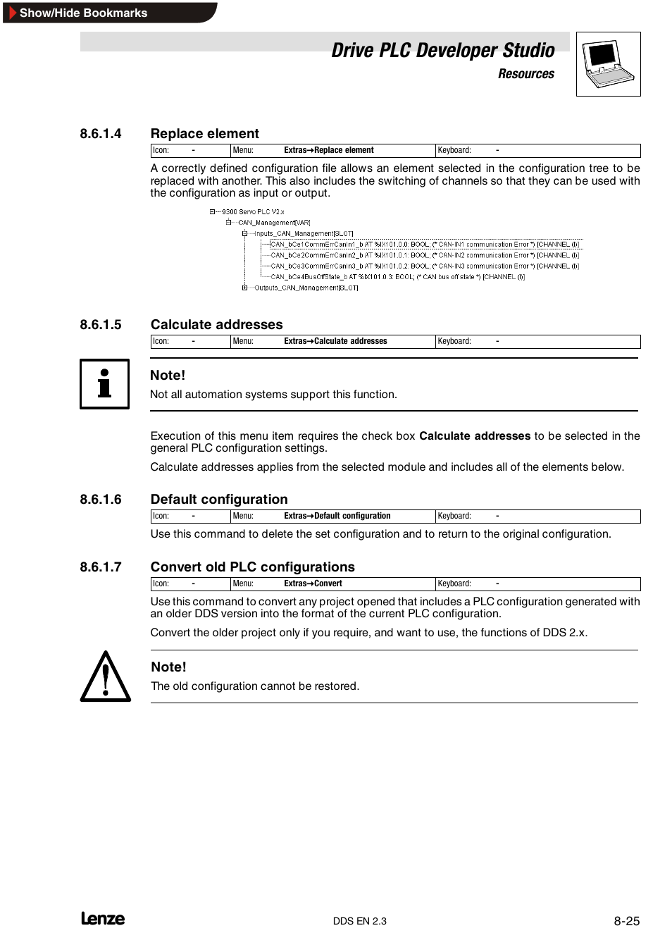 Drive plc developer studio, Resources, 4 replace element | 5 calculate addresses, 6 default configuration, 7 convert old plc configurations | Lenze DDS v2.3 User Manual | Page 215 / 340