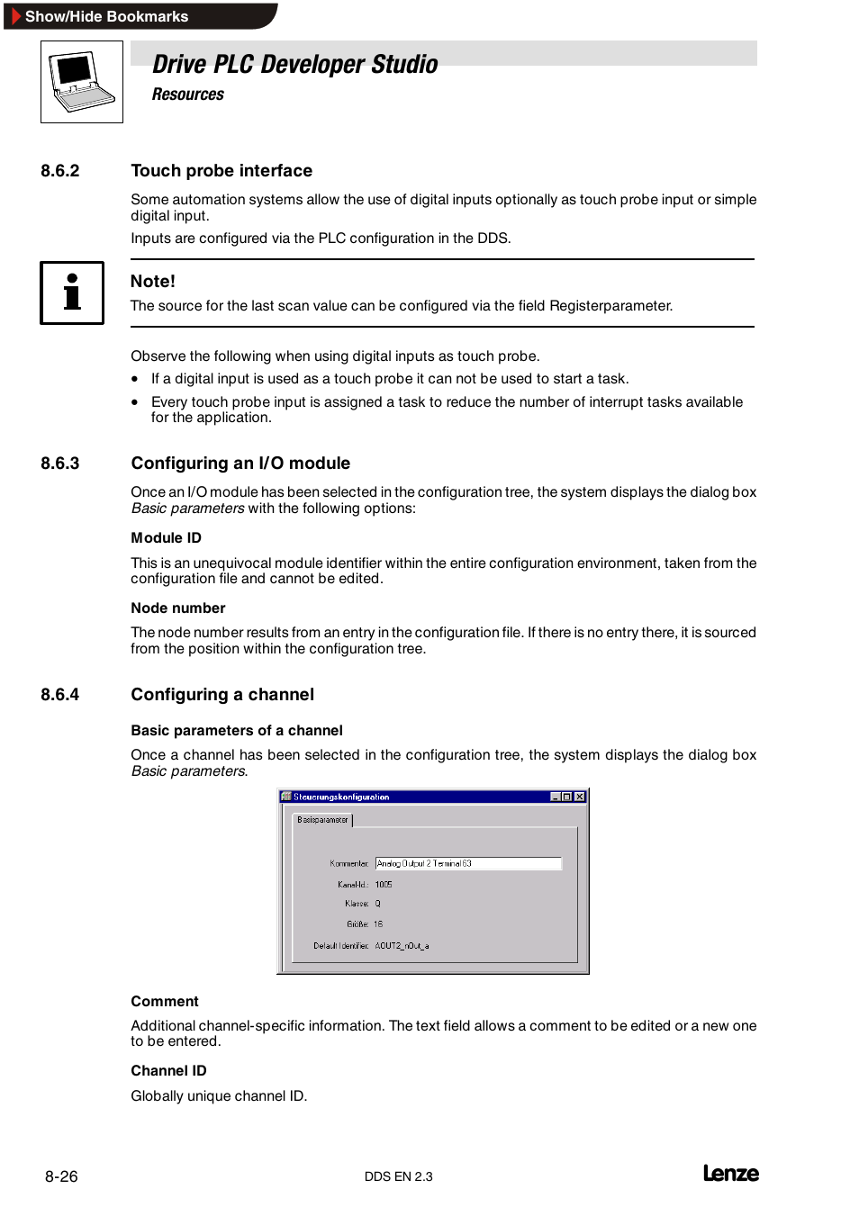 2 touch probe interface, 3 configuring an i/o module, 4 configuring a channel | Configuring an i/o module, Configuring a channel, Drive plc developer studio | Lenze DDS v2.3 User Manual | Page 216 / 340