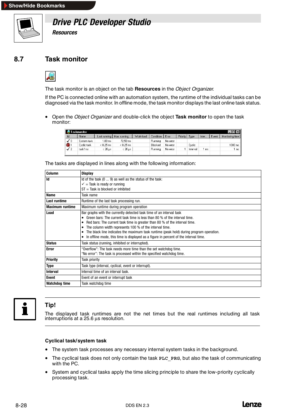 7 task monitor, Drive plc developer studio, Resources | Lenze DDS v2.3 User Manual | Page 218 / 340