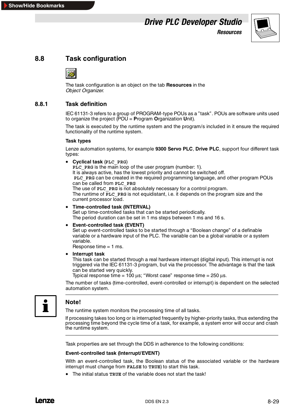 8 task configuration, 1 task definition, Drive plc developer studio | Lenze DDS v2.3 User Manual | Page 219 / 340
